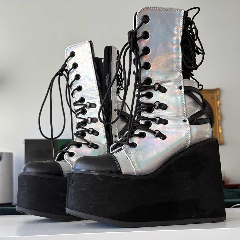Demonia - Holographic Platform Lace-Up Boots - Sw… - image 1